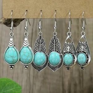 Set of 3 Geometric Silver Pendant Earrings with 925 Silver Hooks